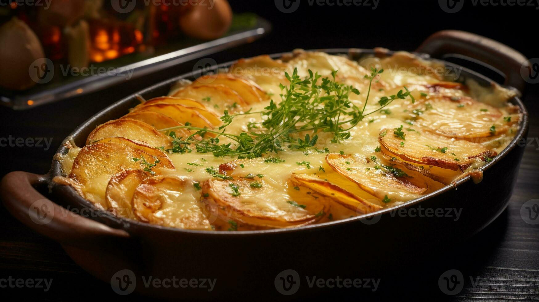 Foto von Kartoffeln au Gratin wie ein Gericht im ein hochwertig Restaurant. generativ ai