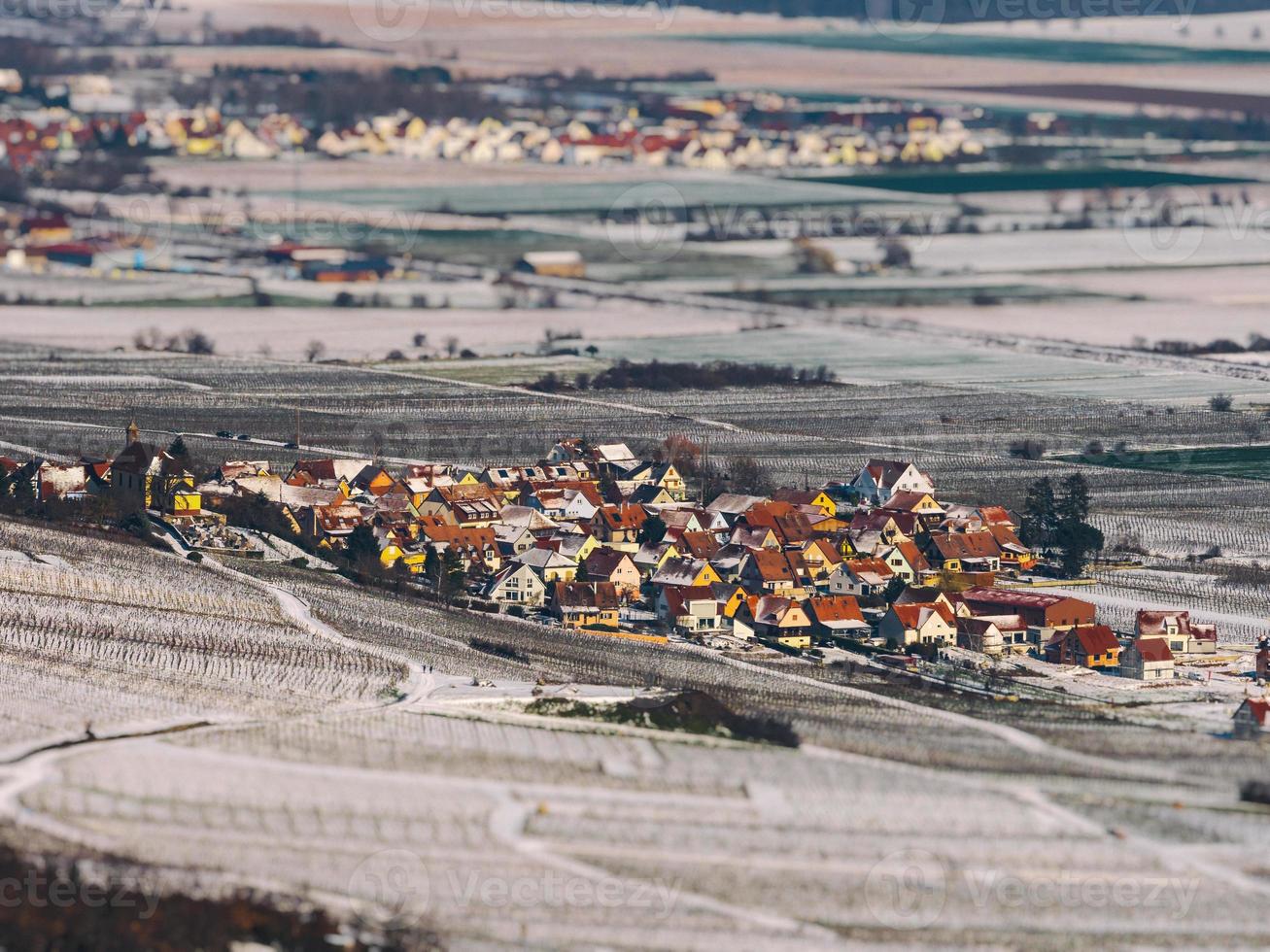 Panorama-Drohne-Blick auf verschneite Weinberge im Rheintal foto