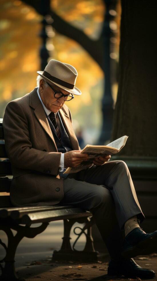 Mann lesen Zeitung auf ein Park Bank foto