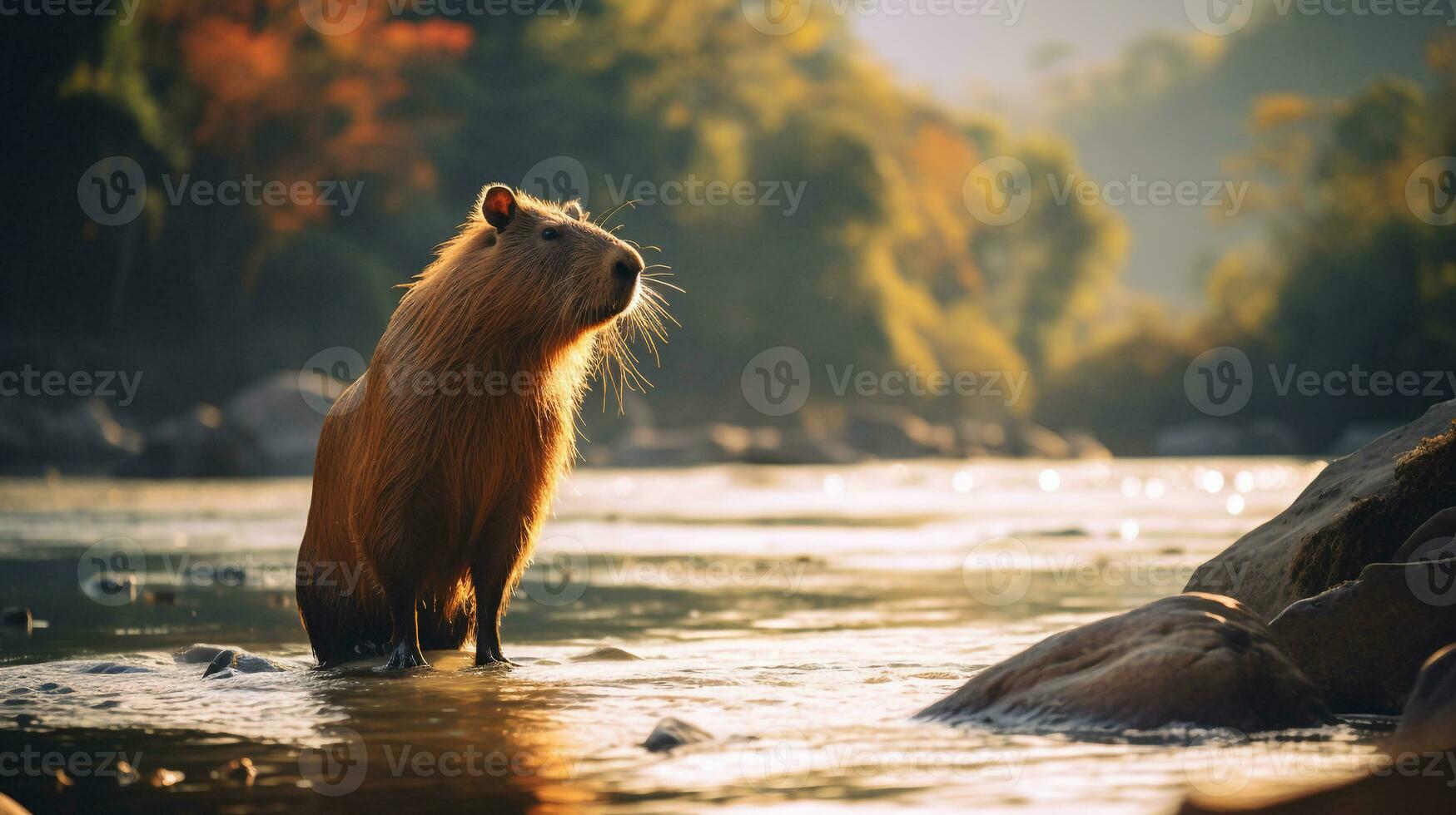 Nahansicht Foto von ein Capybara suchen im ihr Lebensraum. generativ ai
