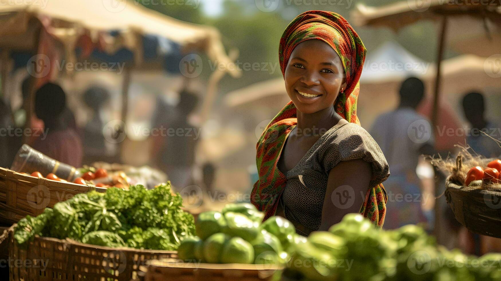 ein Frau ist lächelnd während halten ein Korb von Gemüse ai generativ foto