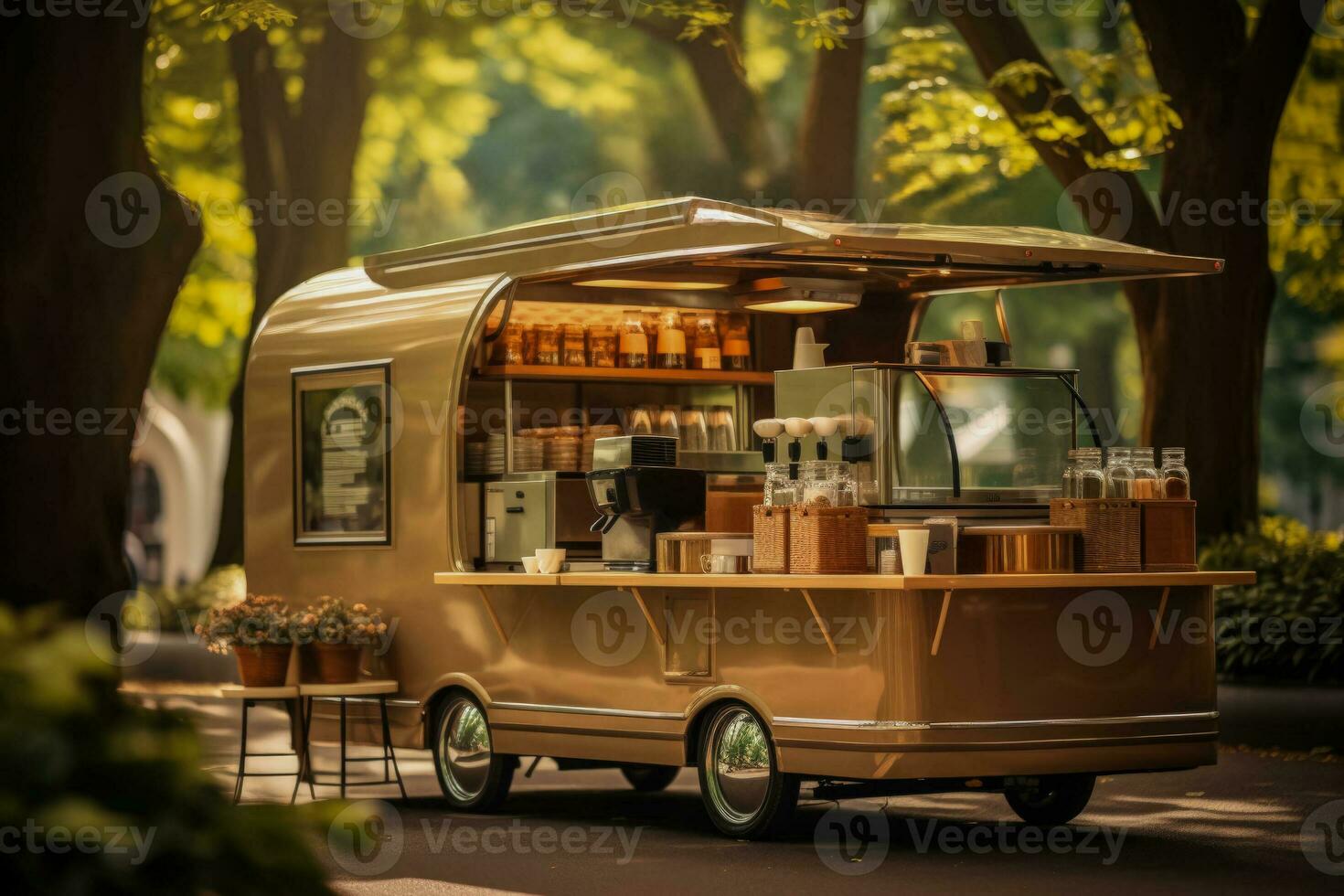 stilvoll Kaffee Wagen im das Stadt Park Hintergrund mit leeren Raum zum Text foto