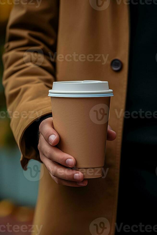 Hand halten ein wegbringen Kaffee Tasse hervorrufen Wärme und Morgen Frische foto