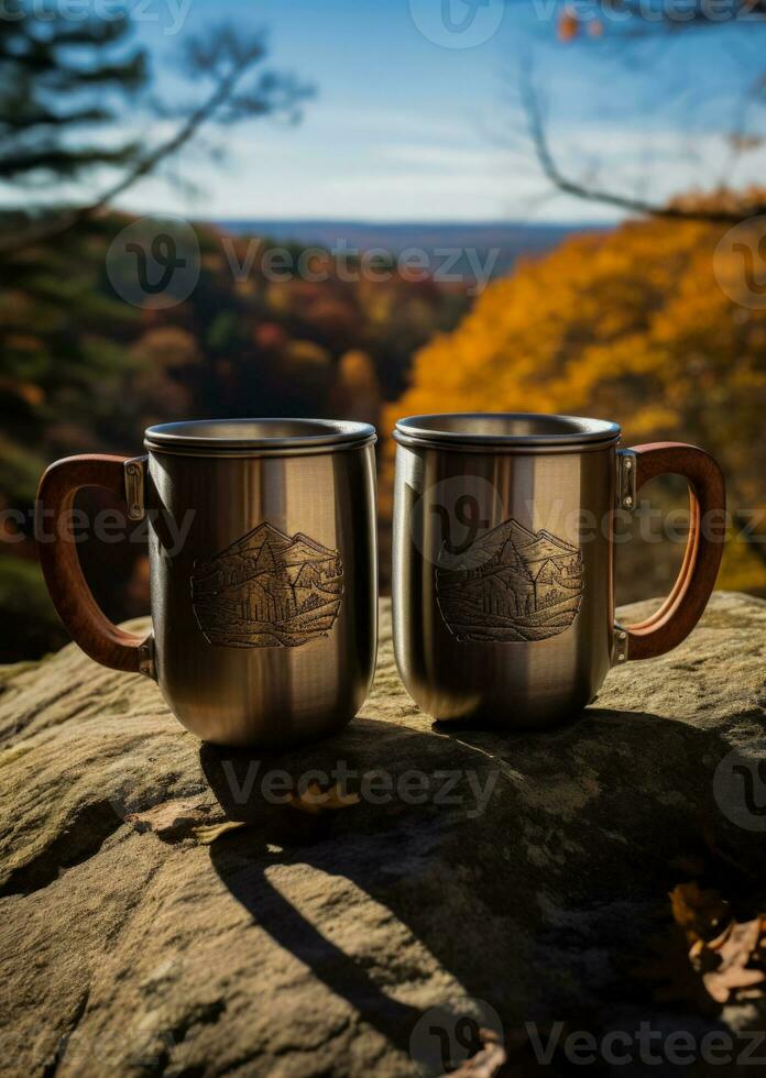 abenteuerlich Rucksacktouristen Trekking szenisch Wanderwege tragbar Kaffee Tassen ihr treu Begleiter foto