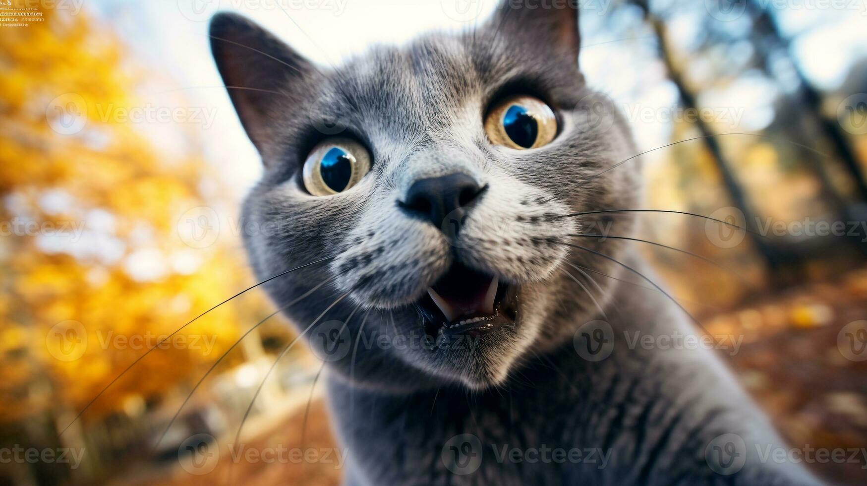 Nahansicht Foto von ein komisch schockiert Russisch Blau kleben aus seine Zunge. generativ ai