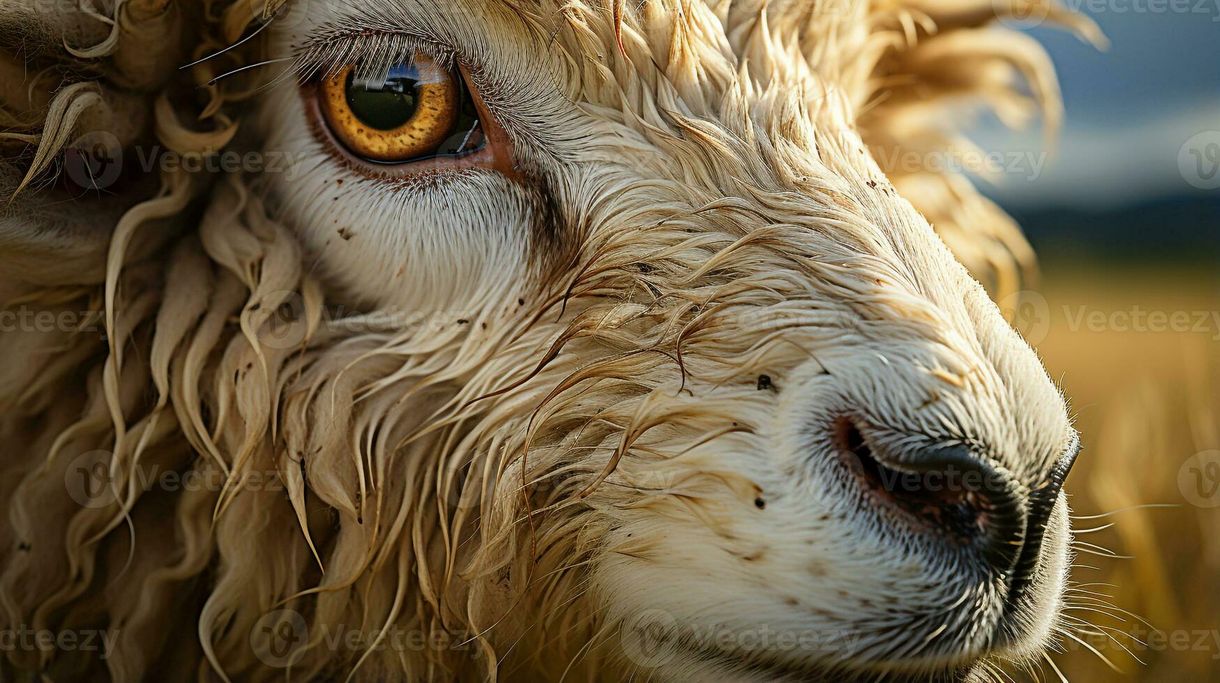 Nahansicht Foto von ein Schaf suchen irgendein Richtung. generativ ai