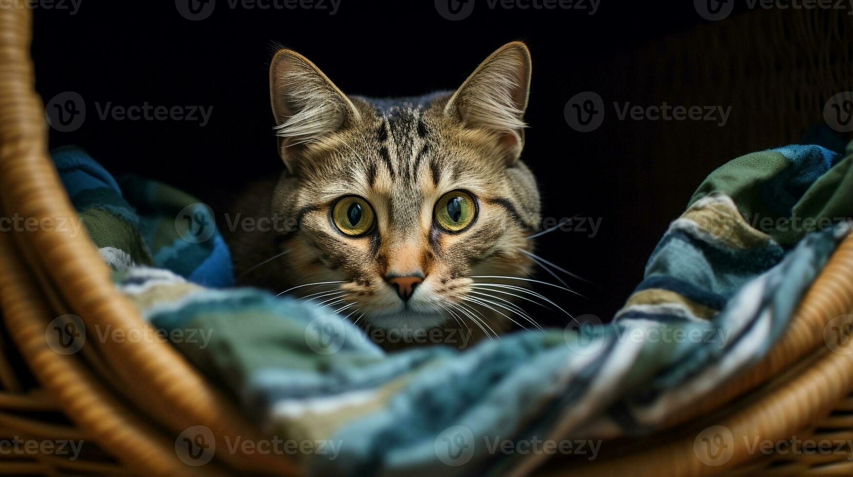Foto von das Katze ist versteckt im das Kleider Korb. generativ ai
