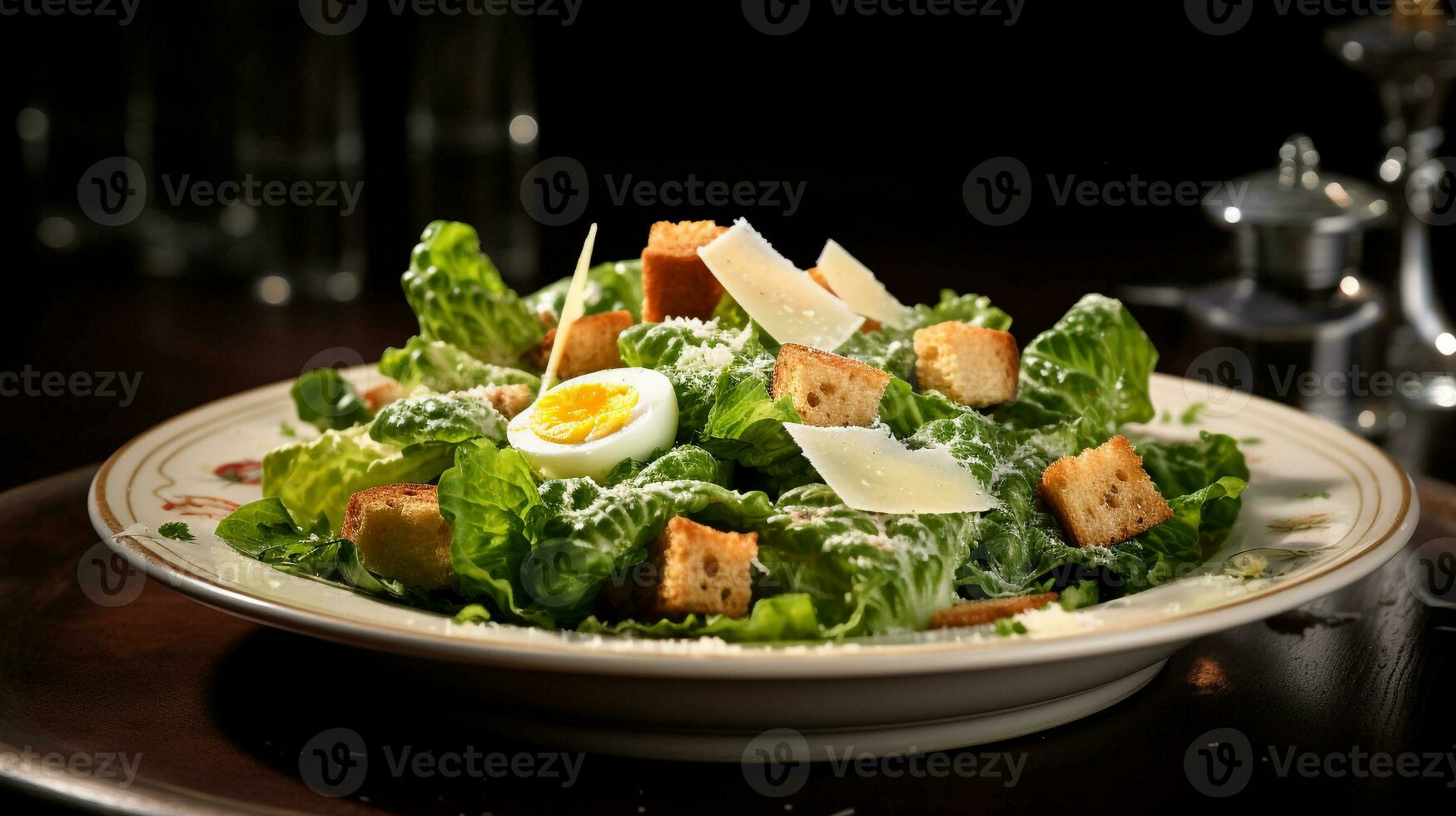 Foto von klassisch Caesar Salat wie ein Gericht im ein hochwertig Restaurant. generativ ai