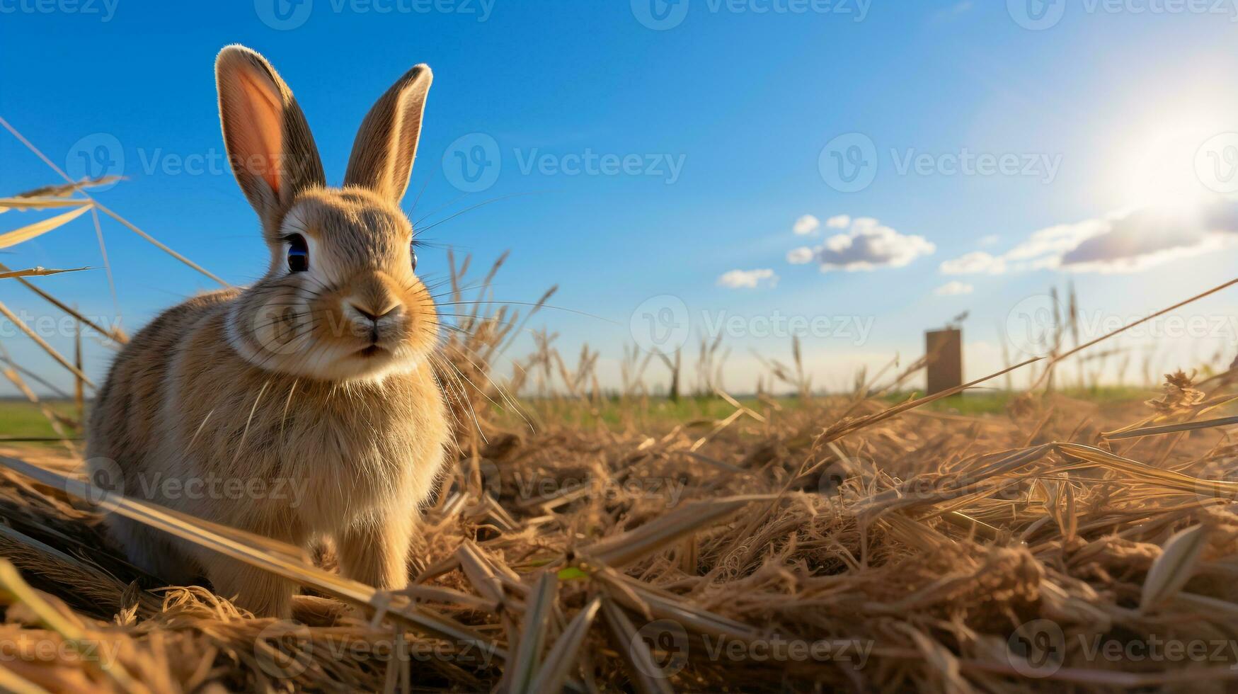 Foto von ein Hase im das Ackerland. generativ ai