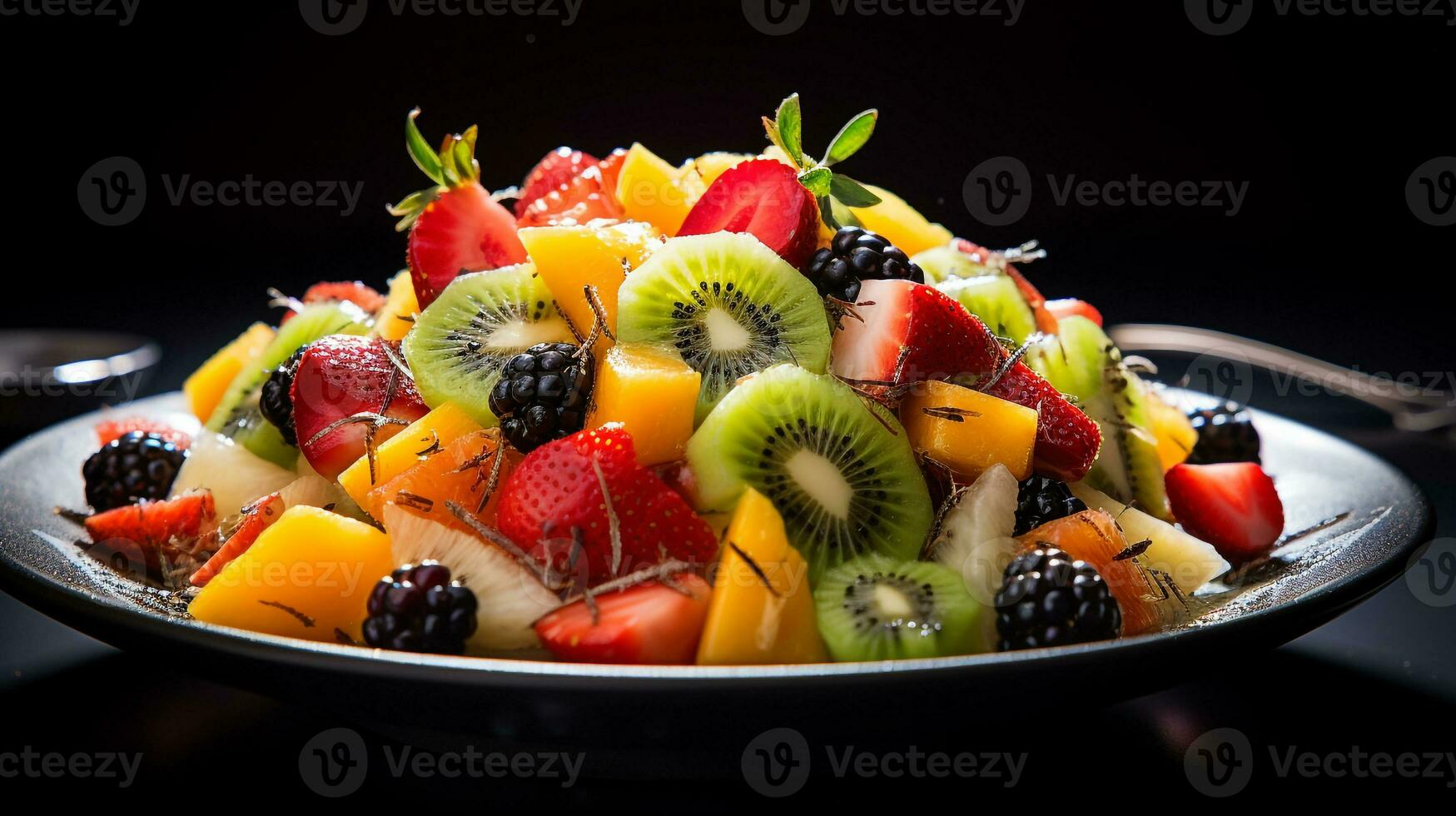 Foto von tropisch Obst Salat mit Honig-Limette Dressing wie ein Gericht im ein hochwertig Restaurant. generativ ai