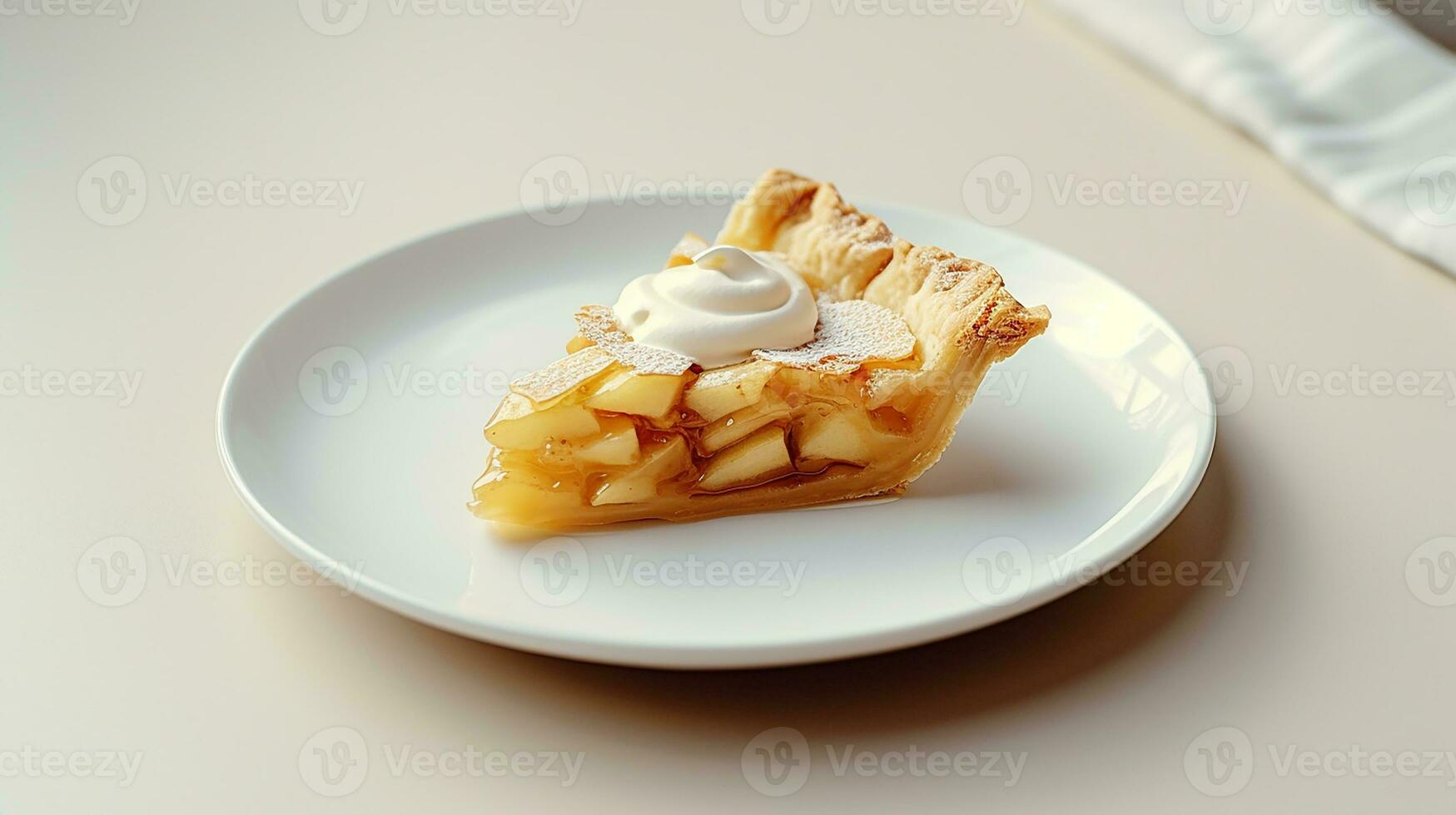 Foto von ein Scheibe von Apfel Kuchen auf ein Weiß Platte. generativ ai