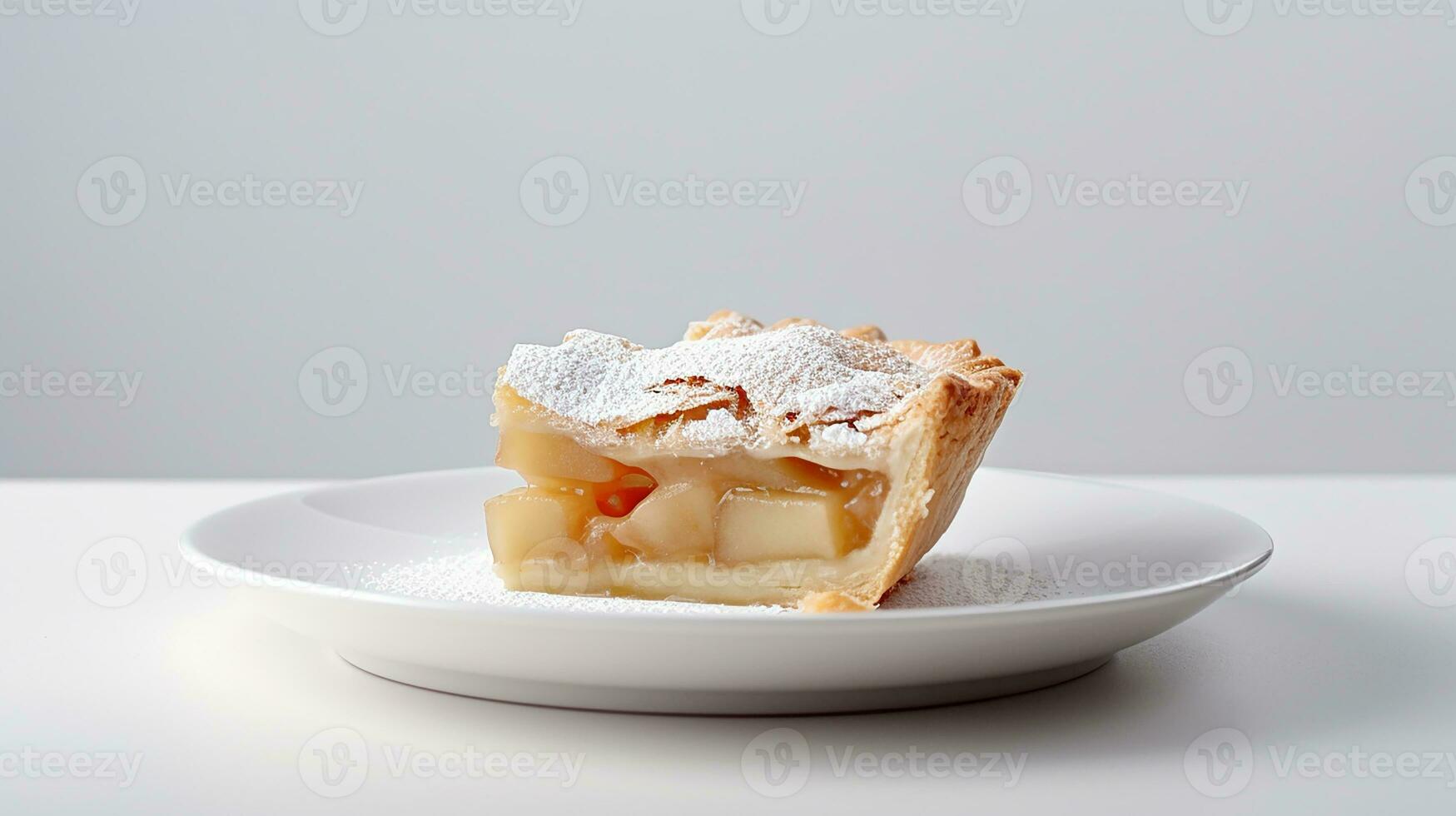 Foto von ein Scheibe von Apfel Kuchen auf ein Weiß Platte. generativ ai