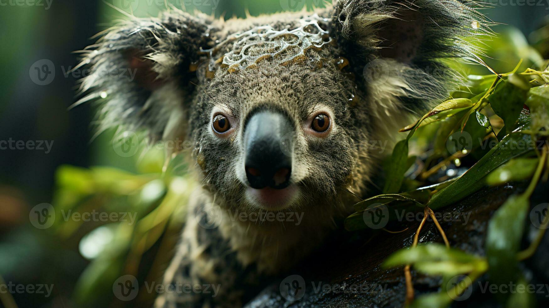 Nahansicht Foto von ein Koala suchen irgendein Richtung auf Dschungel. generativ ai