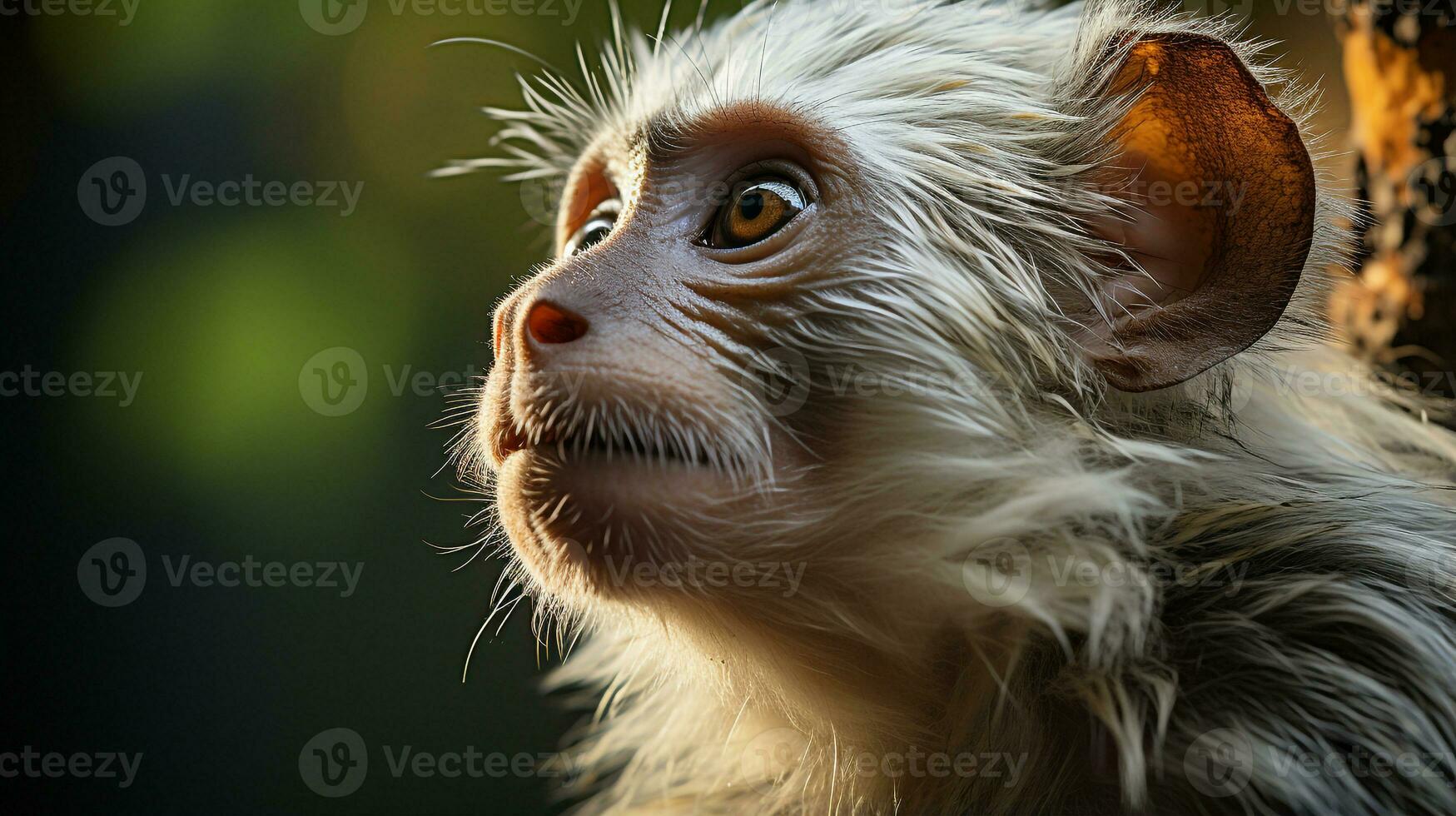 Nahansicht Foto von ein Affe suchen irgendein Richtung. generativ ai