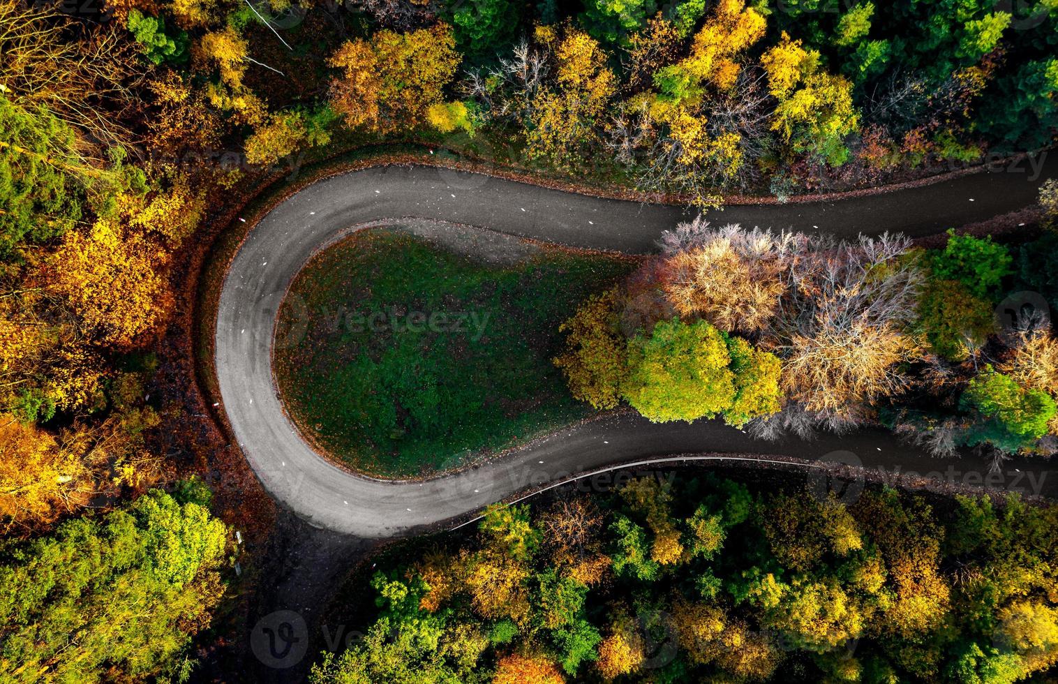 Zick-Zack-Straße, umrahmt von orangefarbenem Herbstwald foto