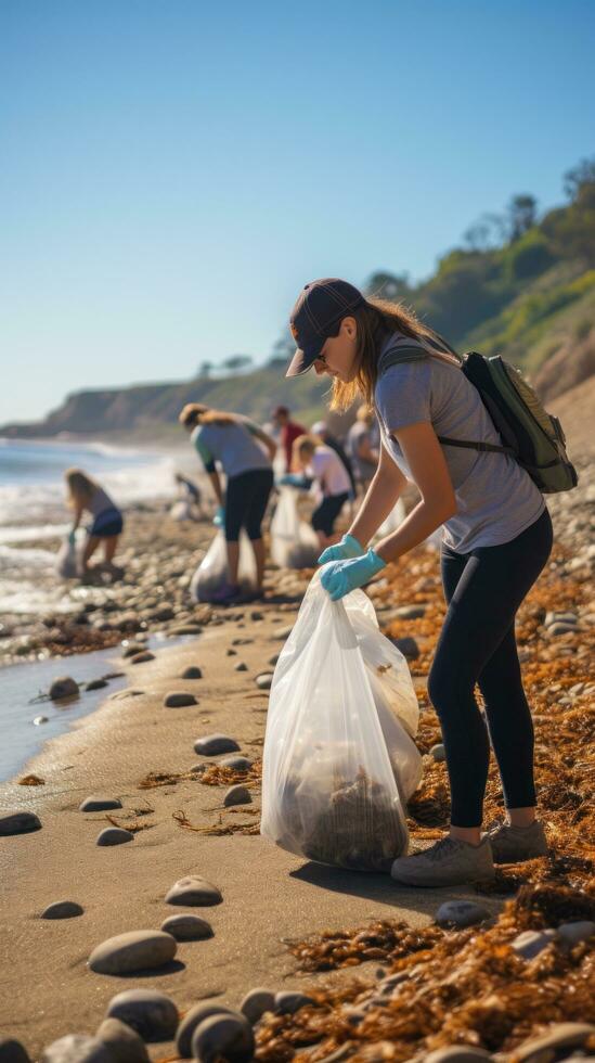 Strand Aufräumen. Freiwillige sammeln Müll auf ein sandig Ufer foto