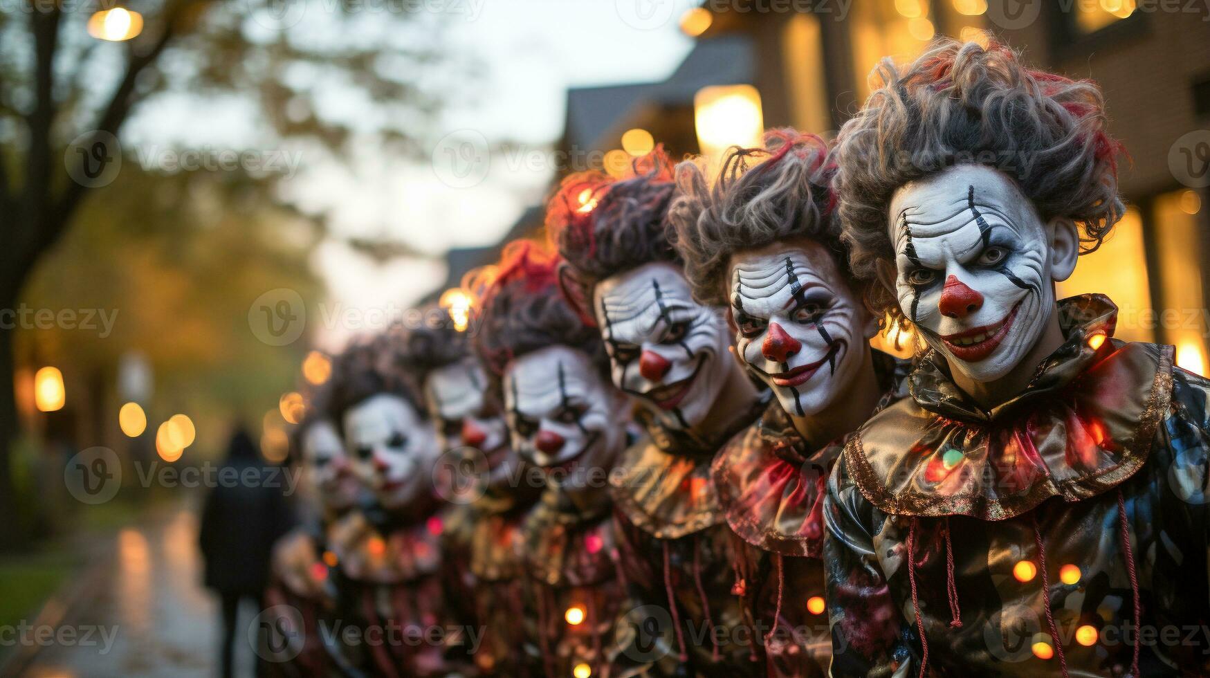 mehrere Jugendliche gekleidet oben wie Clowns zum Halloween Gehen Nieder das Bürgersteig zusammen - - generativ ai. foto