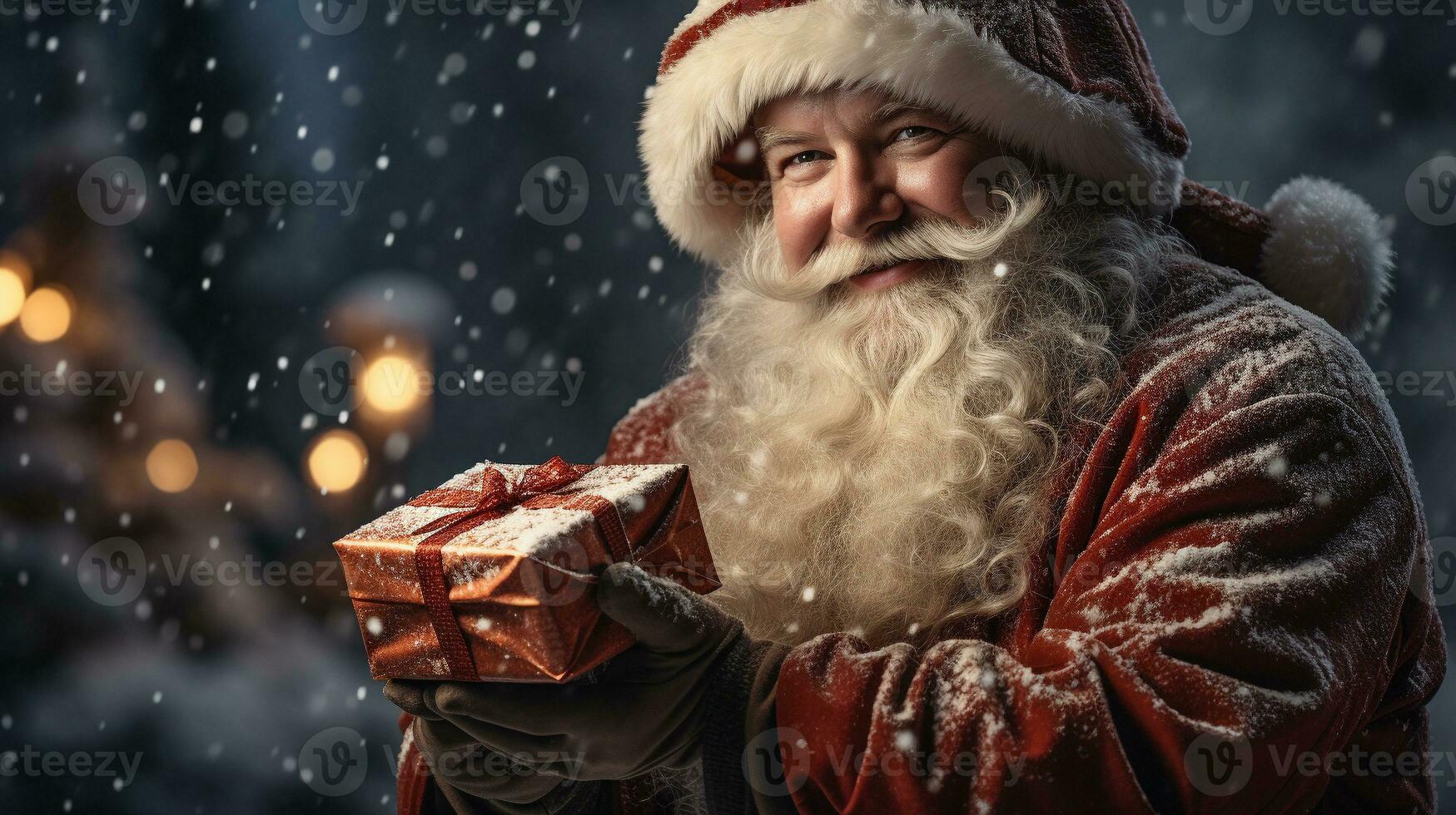 ein glücklich lächelnd Santa hält ein klein eingewickelt Weihnachten Geschenk draußen im ein Licht Schneefall. foto