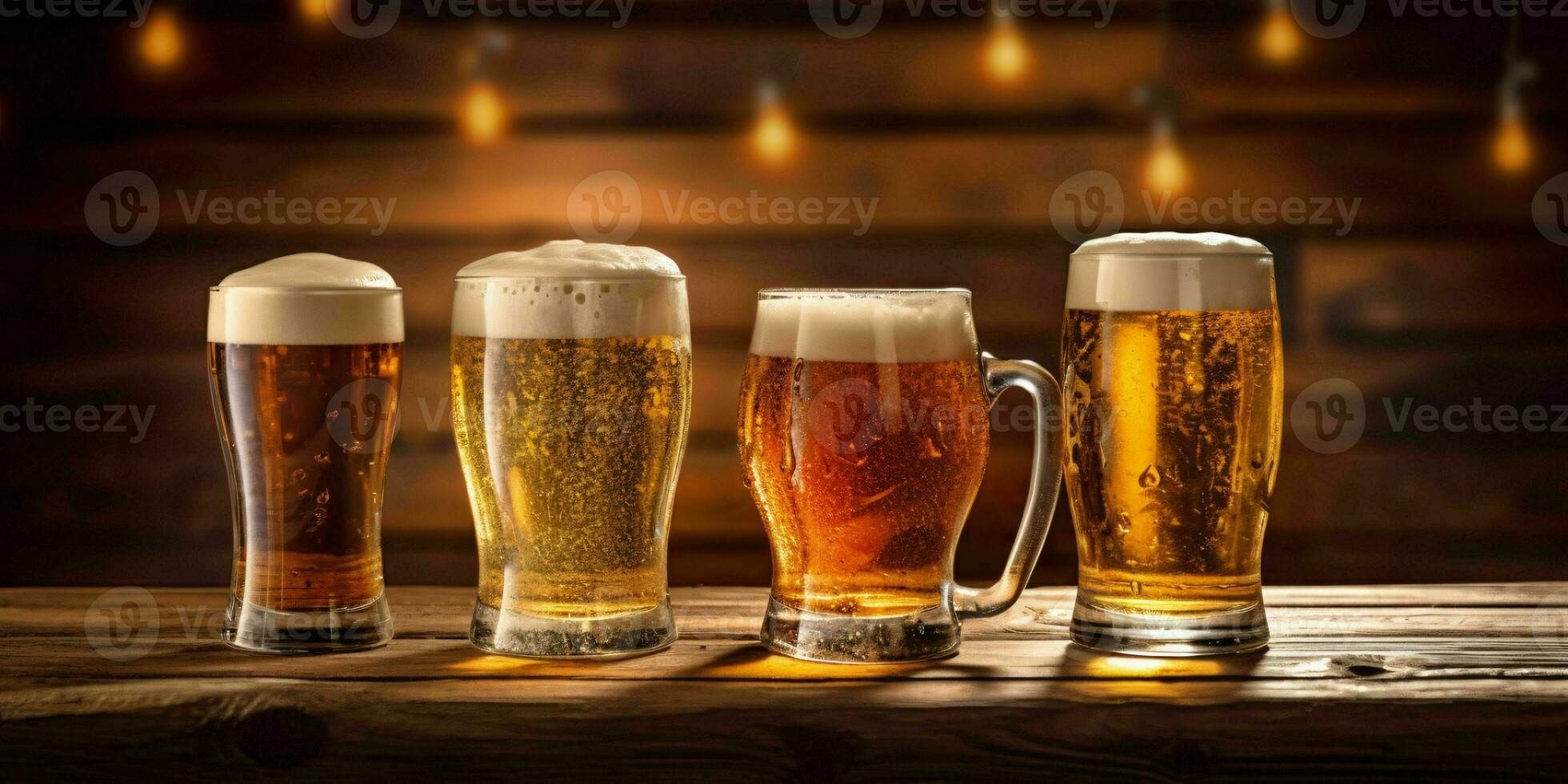 frisch Bier im verschiedene Glas Tassen auf ein hölzern Tisch. generativ ai foto
