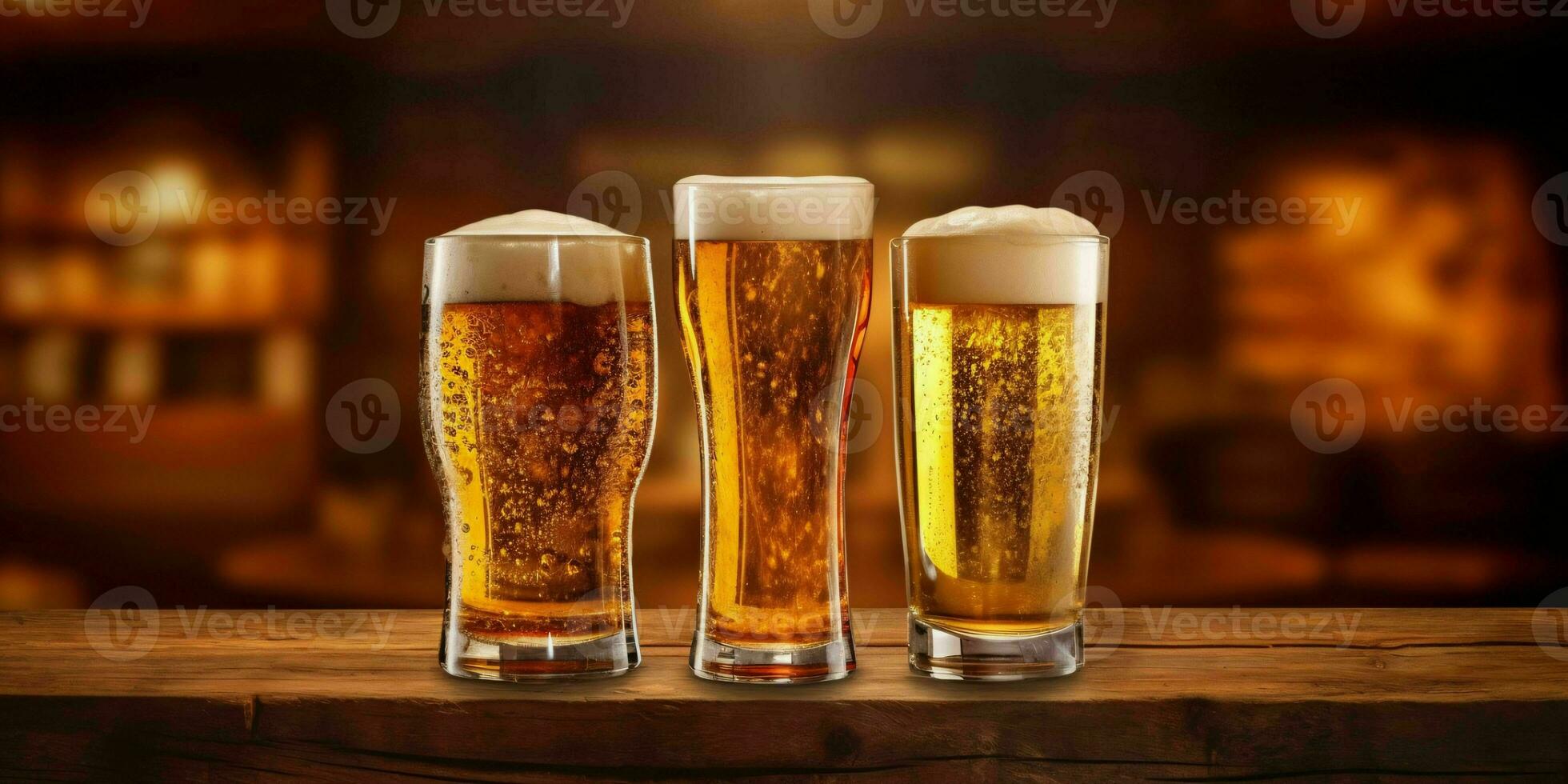 frisch Bier im verschiedene Glas Tassen auf ein hölzern Tisch. generativ ai foto