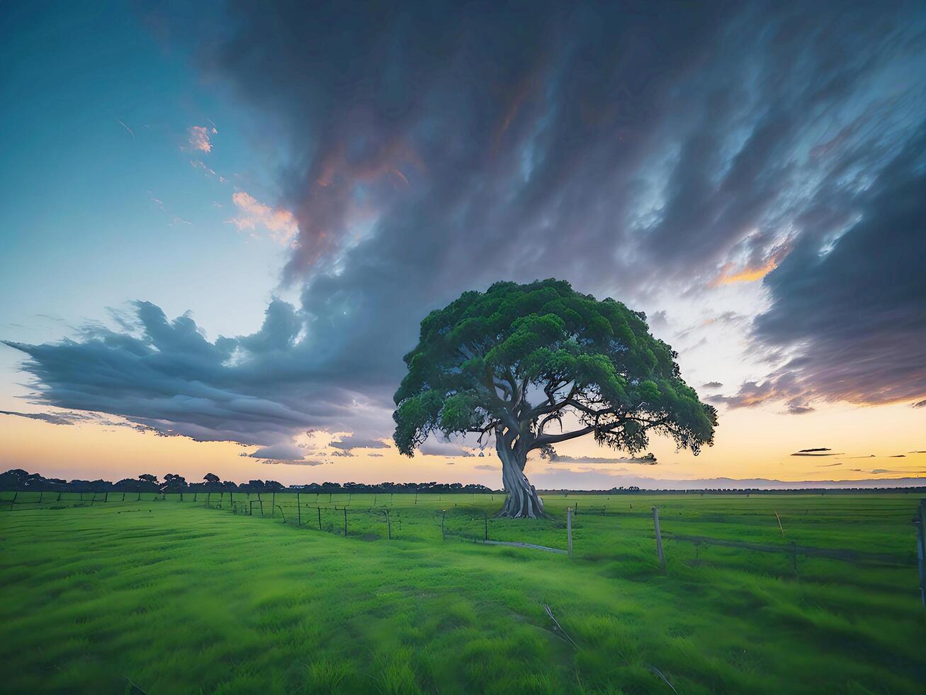 kostenlos Foto breit Winkel Schuss von ein Single Baum wachsend unter ein bewölkt Himmel während ein Sonnenuntergang umgeben durch Gras ai generativ