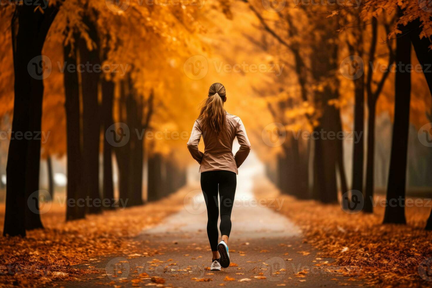 Individuell Joggen durch ein Blatt übersät Park während Herbst zu Boost Immunität foto