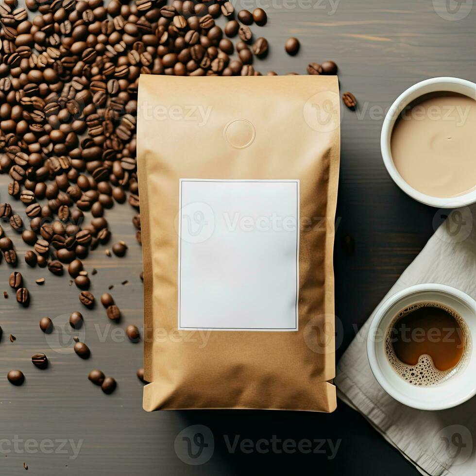 Kaffee Verpackung Transformation leer Tasche Attrappe, Lehrmodell, Simulation zum branding Inspiration generativ ai foto