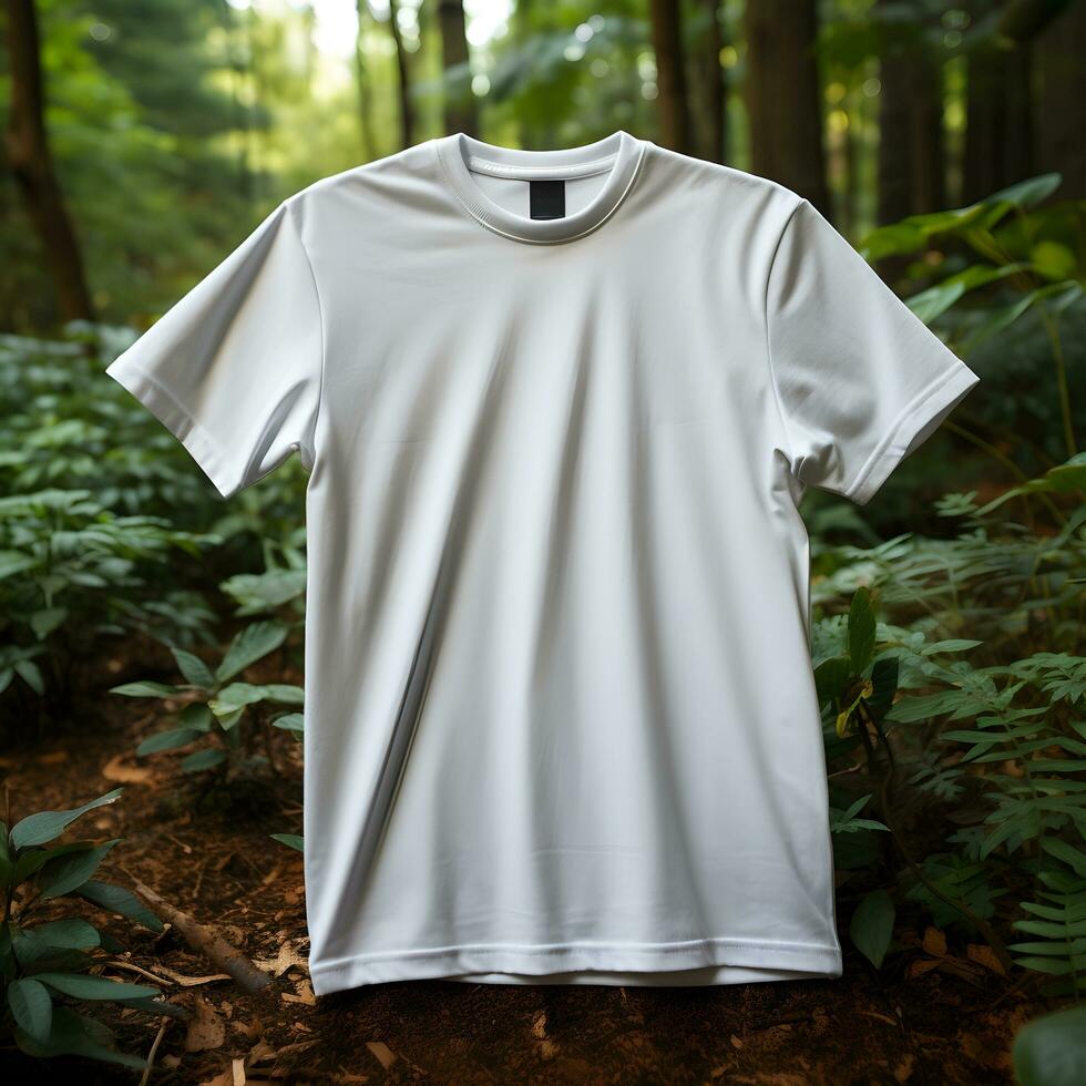 Natur inspiriert Weiß T-Shirt Attrappe, Lehrmodell, Simulation mit heiter Wald Hintergrund, ai generiert foto