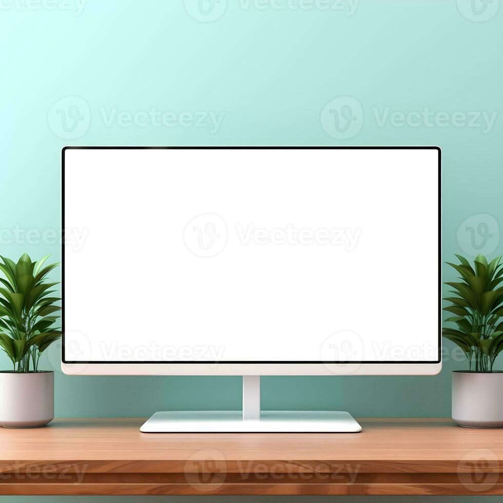 Attrappe, Lehrmodell, Simulation von Weiß Computer Monitor Bildschirm auf Gestell mit Zuhause Dekor, ai generiert foto