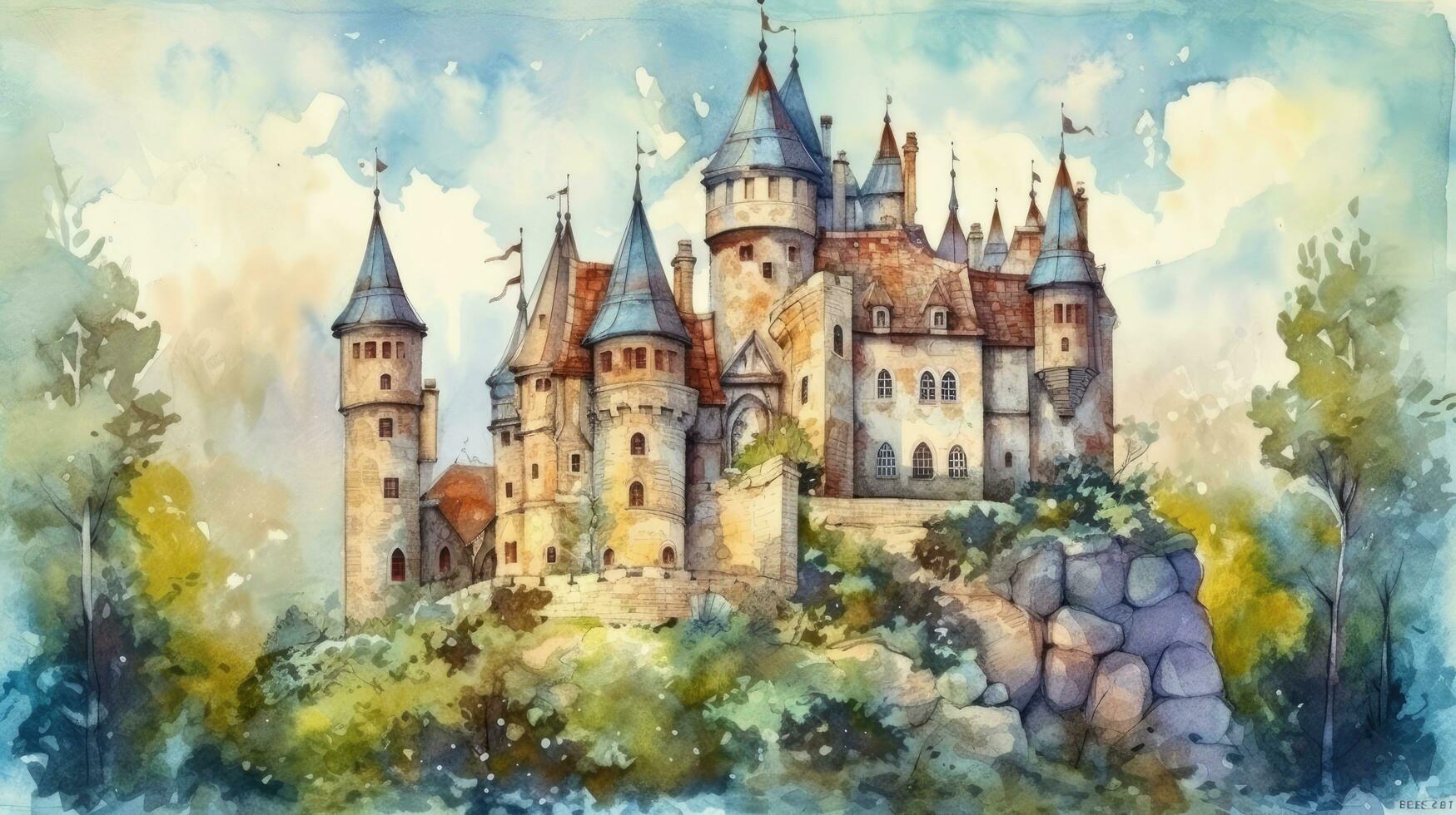 zauberhaft Aquarell Illustration von ein Fee Geschichte Schloss mit ein Prinz und Prinzessin foto