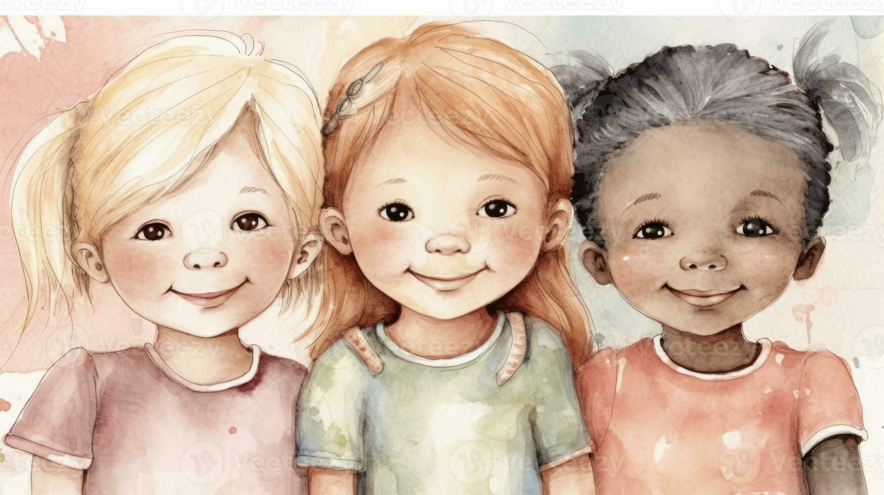 froh Trio von multikulturell Stock zahlen im Sanft Aquarell foto