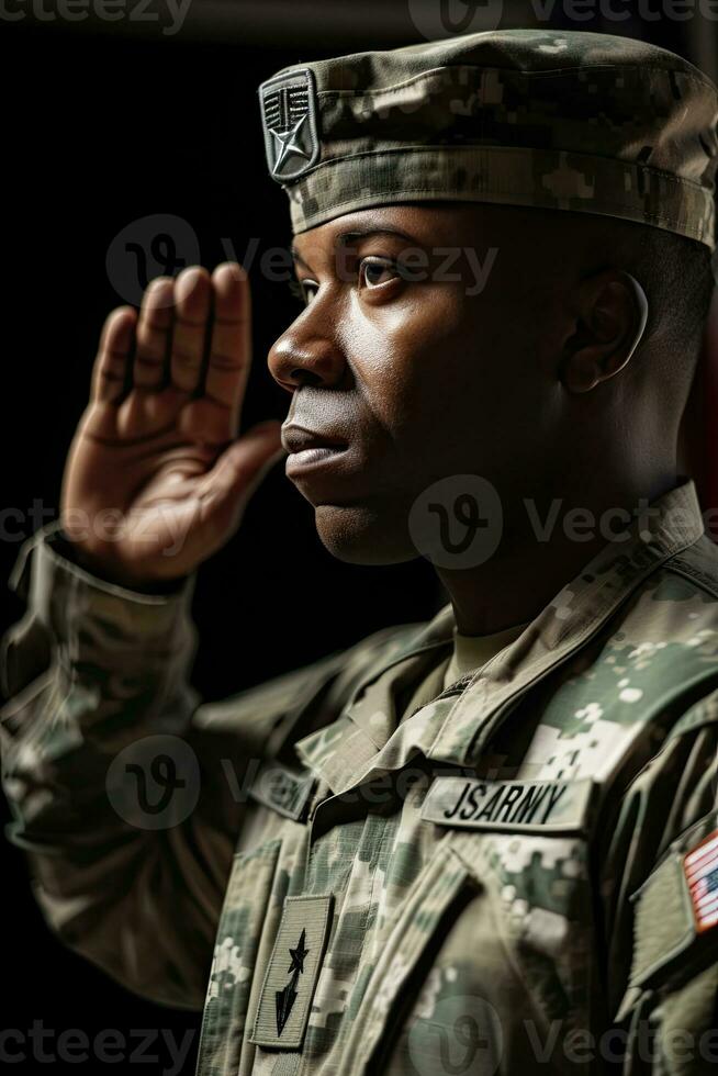 patriotisch Soldat salutieren im Vorderseite von National Flagge foto