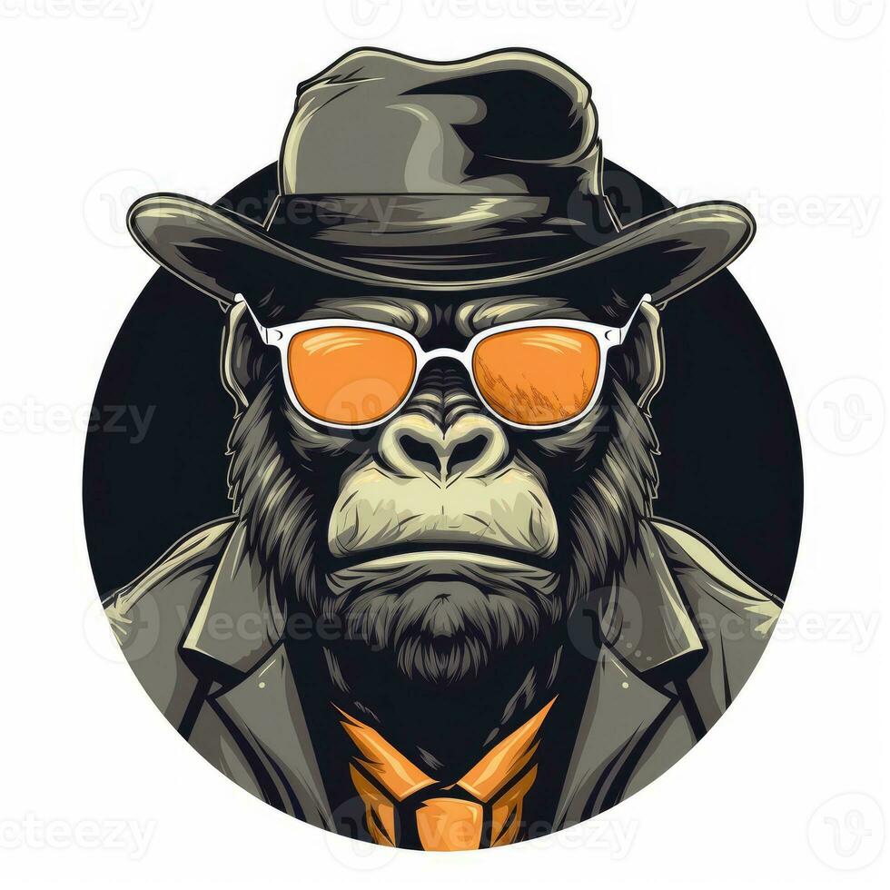 Gorilla Gangster mit ein Lächeln Strassenmode Outfit und Sonnenbrille foto