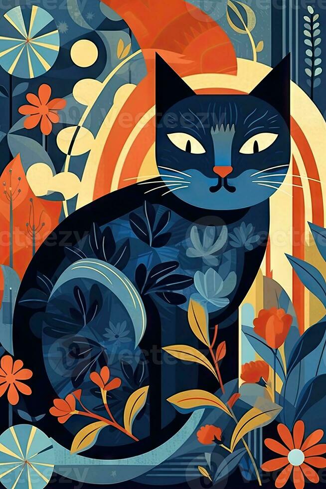 beschwingt Immergrün Katze Illustration im das Stil von charly Harfner und Jim Ufer foto