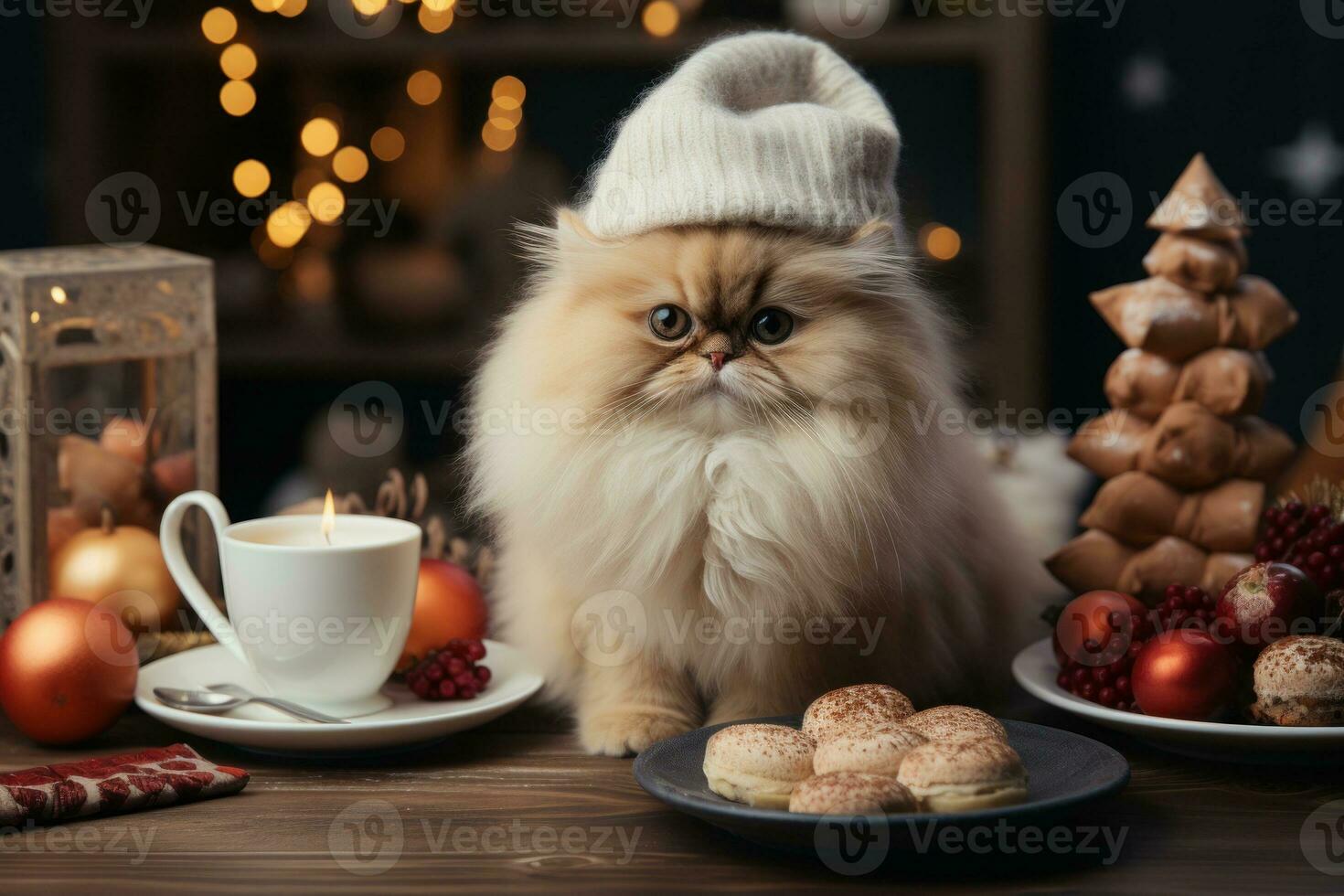 glücklich Katze mit Weihnachten Hut unter Weihnachten Geschenke ai generiert foto