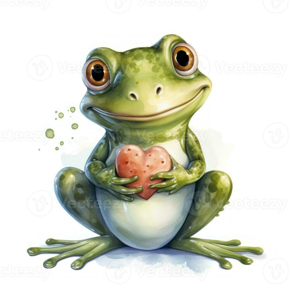 Smiley Frosch halten ein groß Herz Aquarell Clip Art auf Weiß Hintergrund ai generiert foto