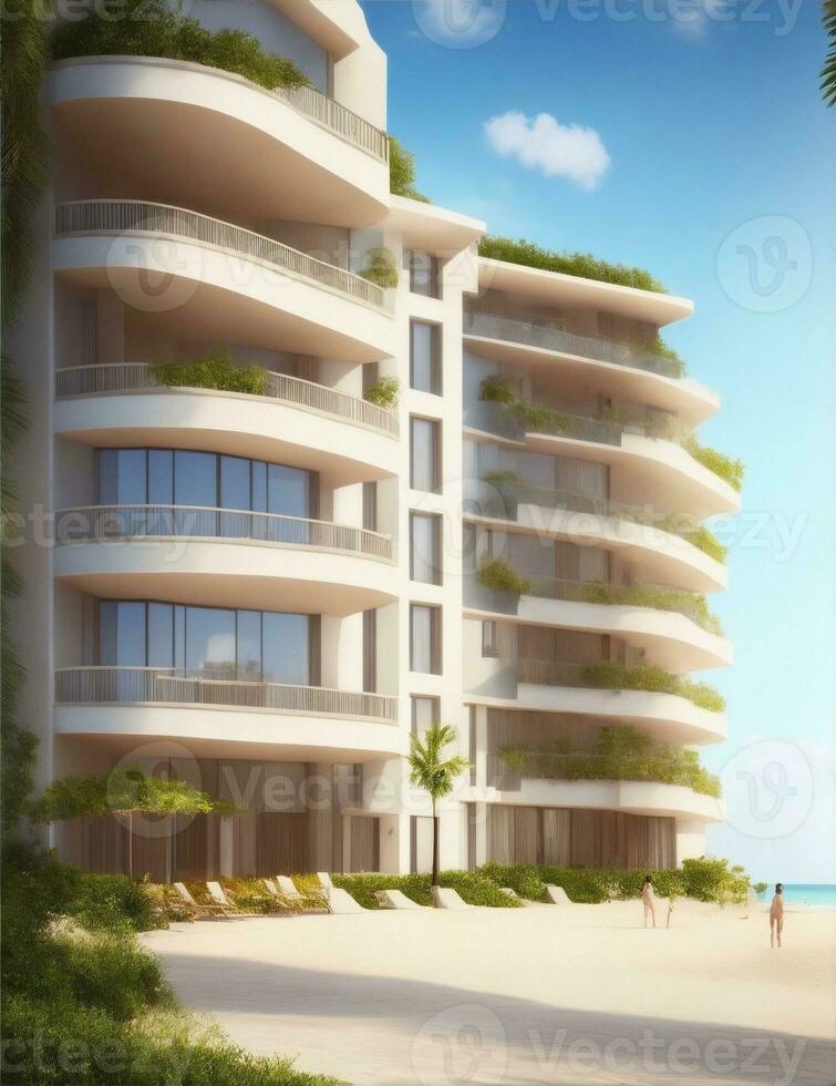 Wohnung Gebäude Außen Design, im ein Resort auf das Meer Illustration foto