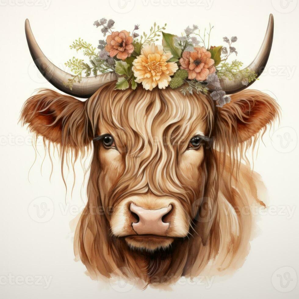 wunderlich Aquarell Hochland Kuh mit Blume Krone Clip Art auf Weiß Hintergrund ai generiert foto