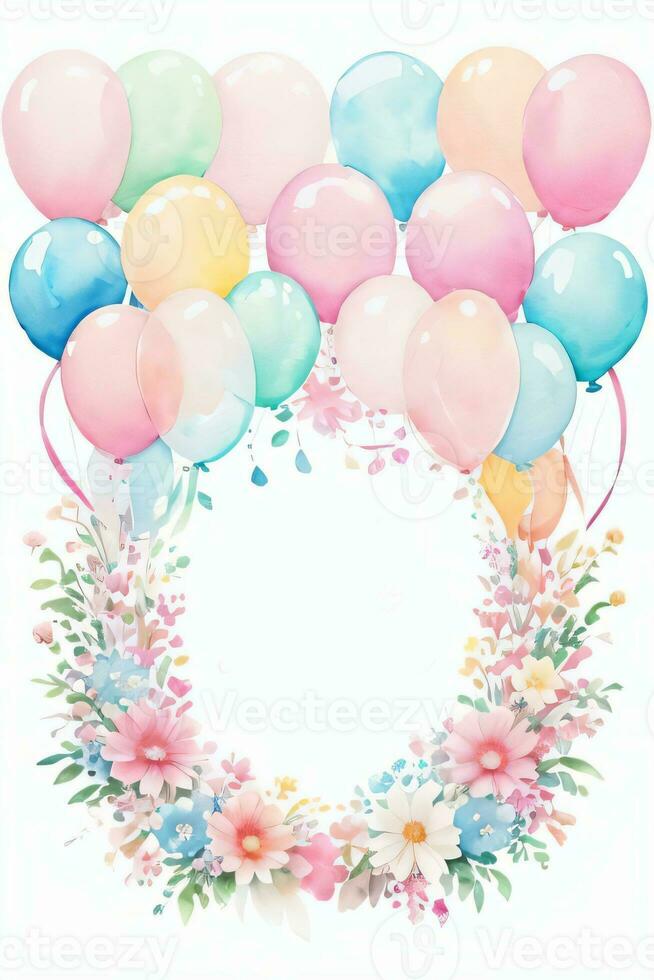 Aquarell Hochzeit oder Geburtstag Schöne Grüße Karte Hintergrund mit Ballons und Blumen foto