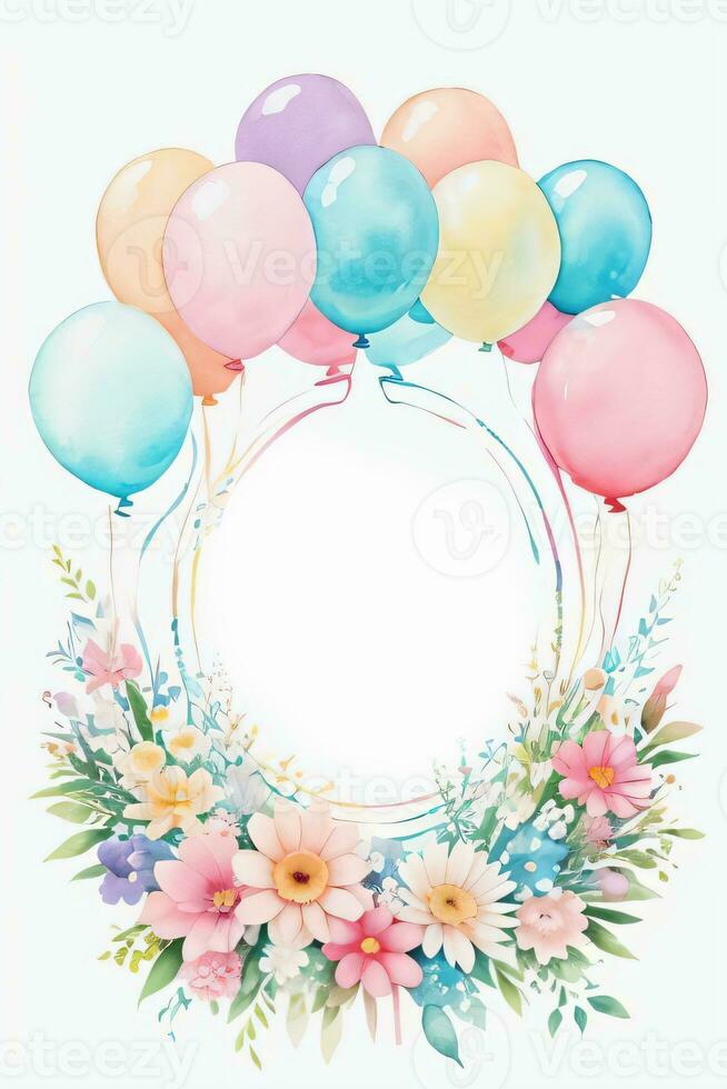 Aquarell Hochzeit oder Geburtstag Schöne Grüße Karte Hintergrund mit Ballons und Blumen foto