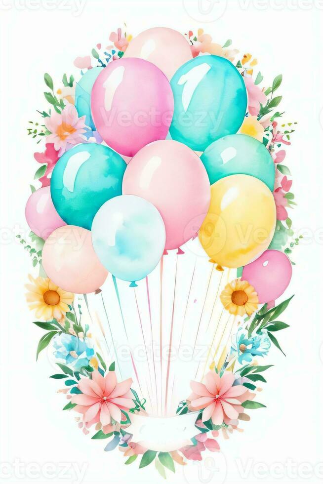 Aquarell Hochzeit oder Geburtstag Schöne Grüße Karte Hintergrund mit Ballons und Blumen foto