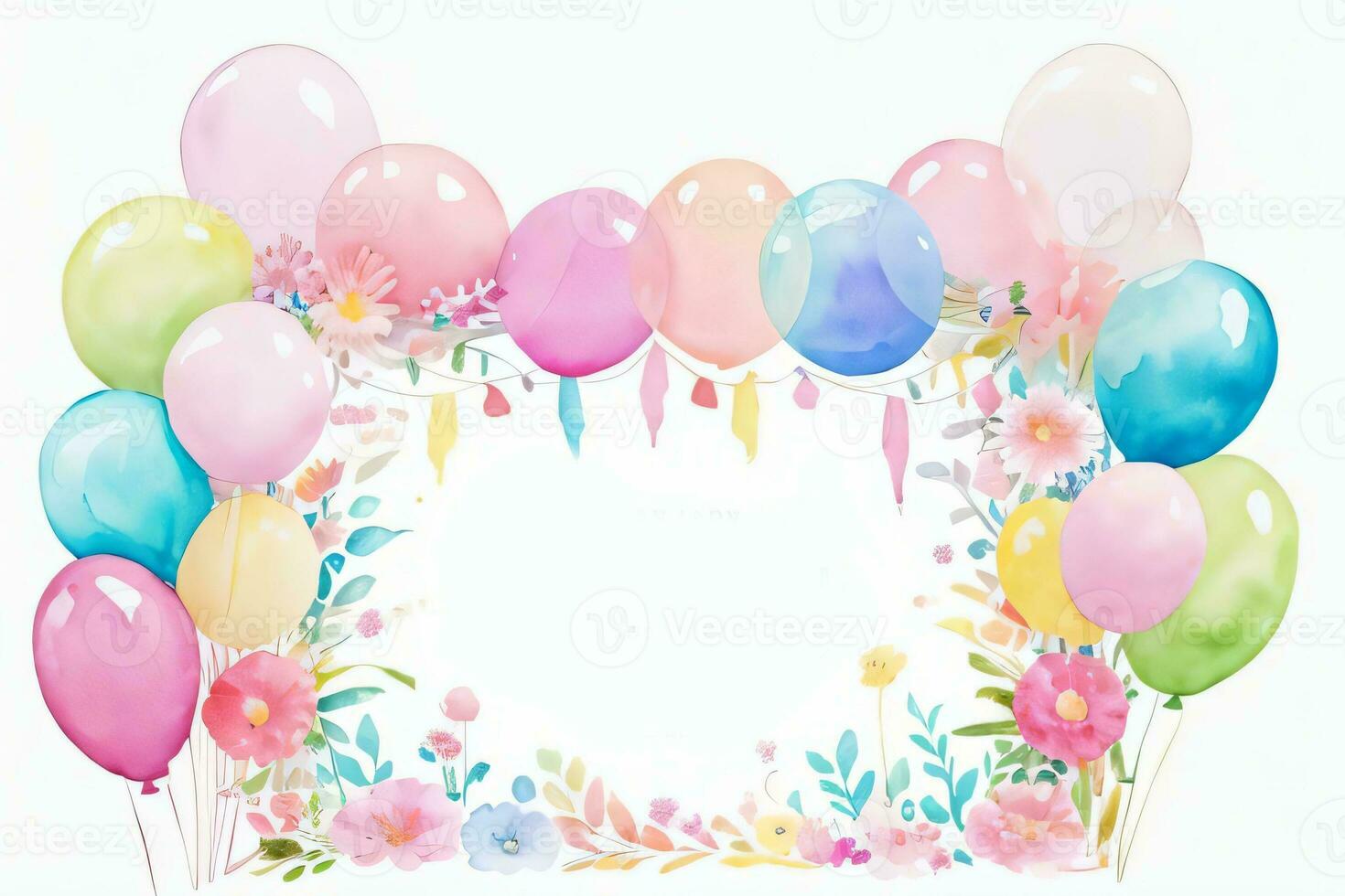 Aquarell Hochzeit oder Geburtstag Schöne Grüße Karte Hintergrund mit Ballons und Blumen foto