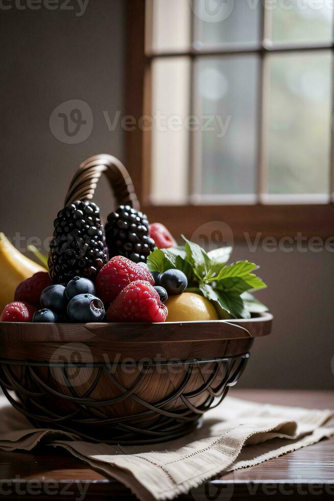 Studio Schuss von das Korb mit Beeren und Früchte auf das Tabelle foto