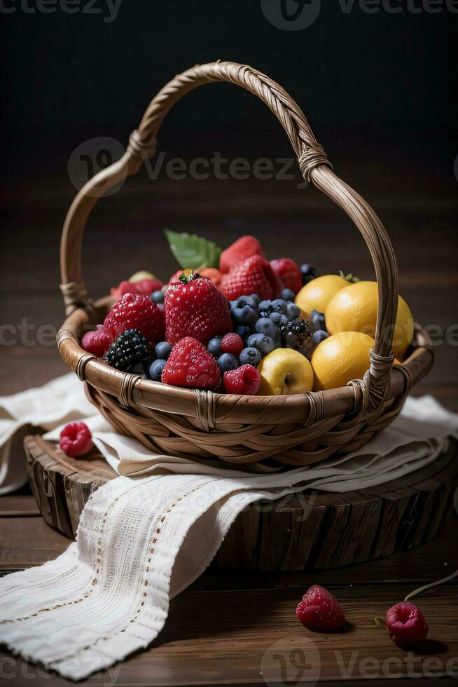 Studio Schuss von das Korb mit Beeren und Früchte auf das Tabelle foto