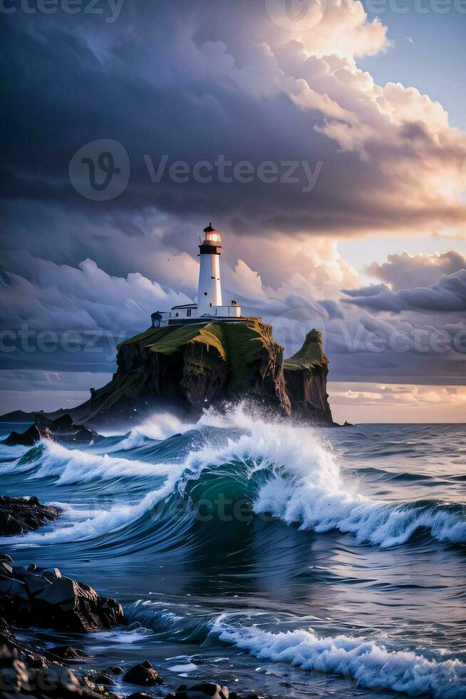 Foto von das Leuchtturm und stürmisch Meer Hintergrund Hintergrund
