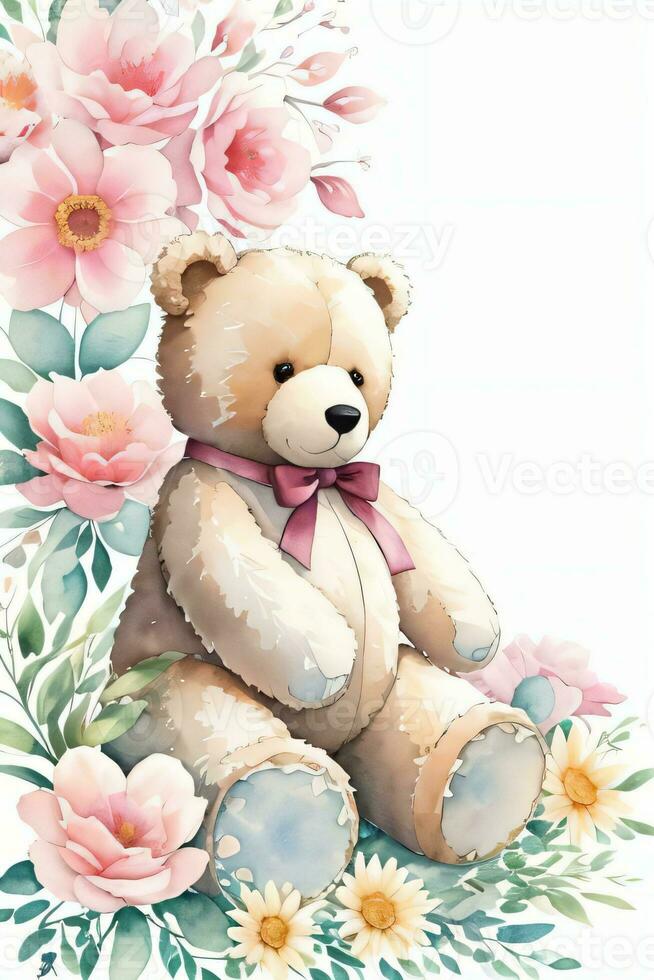 Aquarell Hochzeit oder Geburtstag Schöne Grüße Karte Hintergrund mit Teddy Bär foto