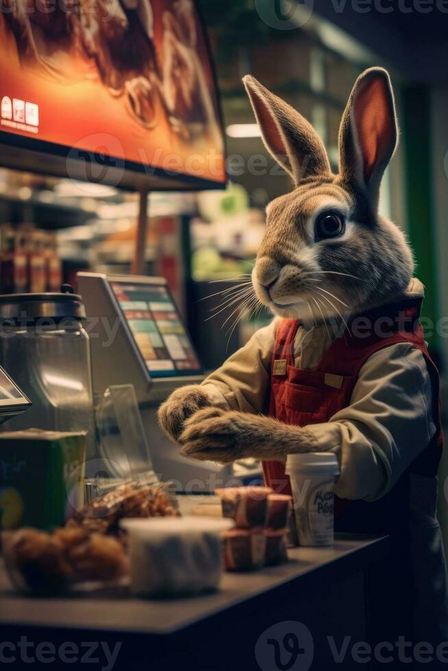 Hase Hase Arbeit im Cafe schnell Essen Bedienung Beruf realistisch humanisiert Fotografie lächelnd foto