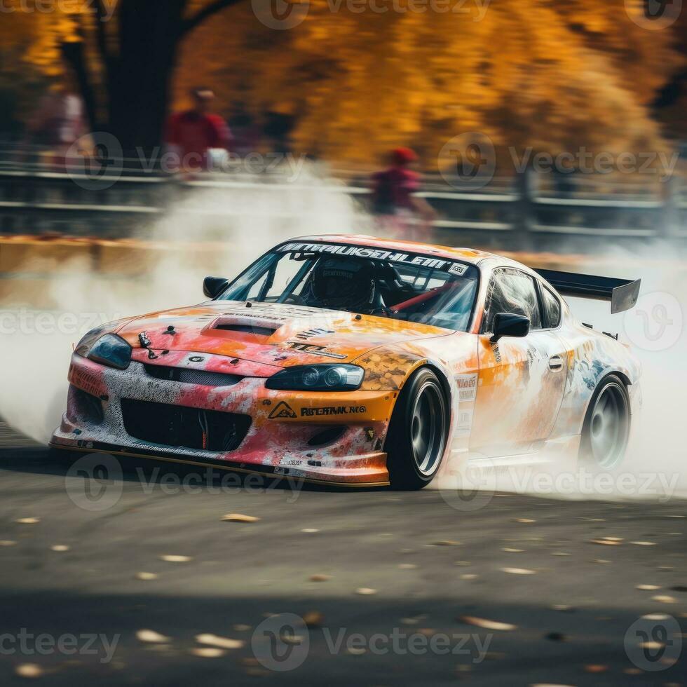 jdm Drift Auto Geschwindigkeit treiben japanisch Drohne Schuss Fotografie Wettbewerb Rauch Reifen verwischen Bewegung foto