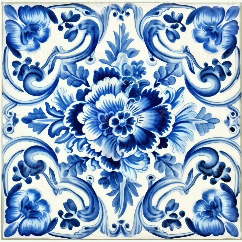 retro Jahrgang aufwendig Ornament Fliese glasiert Portugiesisch Mosaik Muster Blumen- Blau Platz Kunst foto