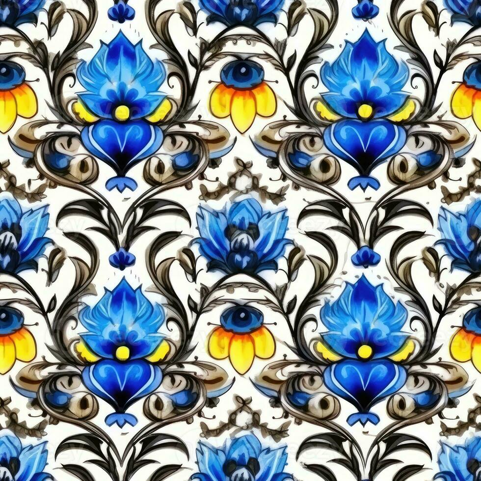 retro Jahrgang aufwendig Ornament Fliese glasiert slawisch Russisch Mosaik Muster Blumen- Blau Platz Kunst foto